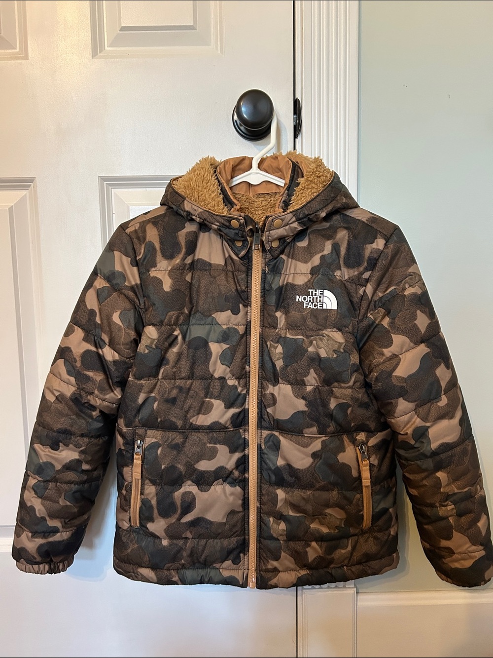 The North Face Kids' Brown Camo Puffer Jacket with Sherpa Hood Mt Chimbo